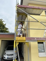 Dachunterstand mit  Sikkens Wetterschutzfarbe gestrichen, weiß, Fassade mit Zero Siliconit Fassadenfarbe Reno Tec , im Farbton  VN 2661, Farbtonkarte Meffert Nr. 1, wie immer beim schönsten Wetter